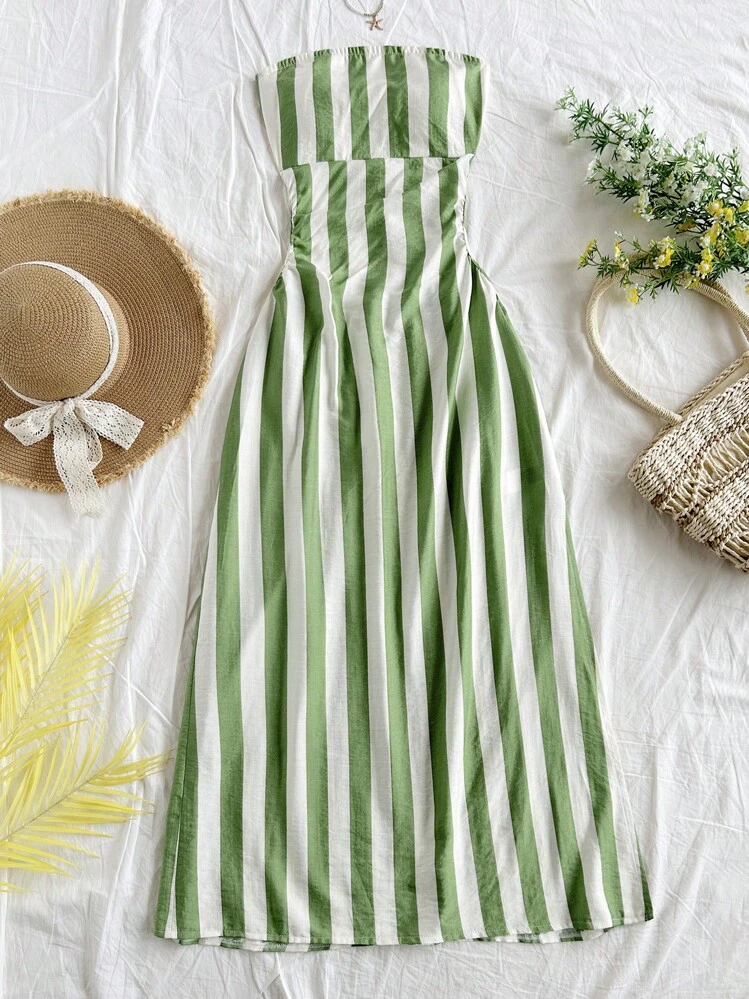 Soleia Women's Green And White Striped Tropical Print Backless Tie Waist  A-Line Dress, Suitable For Beach Holiday | SHEIN USA