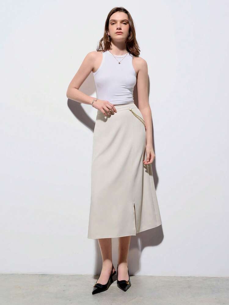 SHEIN Maija Spring And Summer New Apricot Metal Chain Decorated Women's Skirt, Urban, Modern, Elegant, Sleeveless, Daily Casual Commuting, Suitable For Going Out On Vacation, Holiday Party, Wedding Date