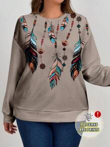 EMERY ROSE Plus Size Women's Autumn/Winter Casual Retro Feather  Pattern Long Sleeve Loose Pullover Sweatshirt