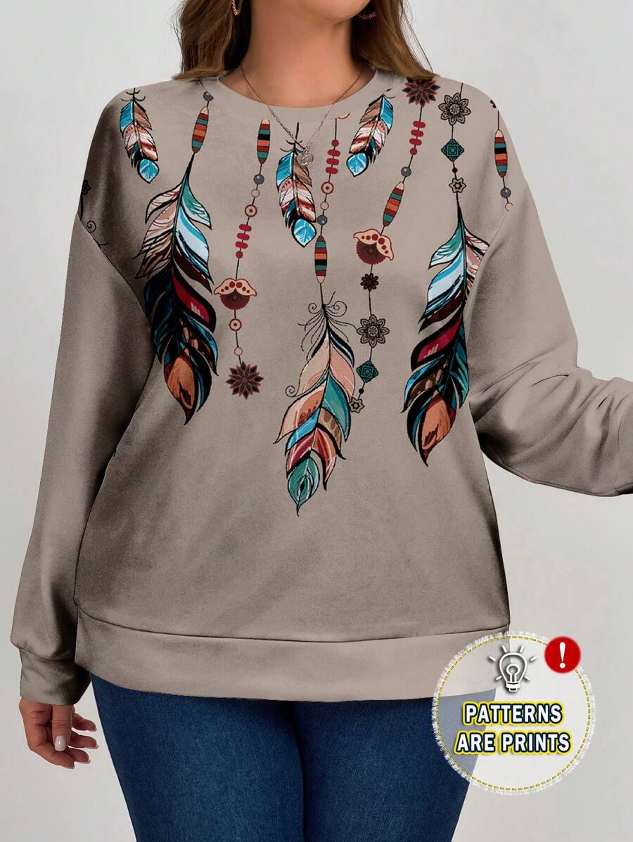 EMERY ROSE Plus Size Women's Autumn/Winter Casual Retro Feather  Pattern Long Sleeve Loose Pullover Sweatshirt