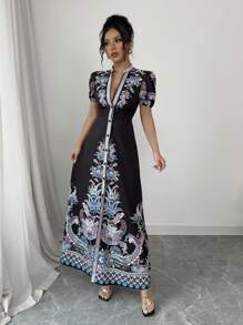 Elenzga Women's 2025 New Elegant & Sexy Deep V-Neck Fitted Long Dress - Black - View 4