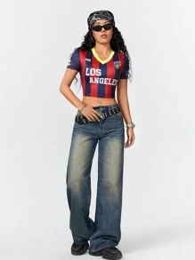 Coolane 女士运动字母条纹印花短款修身足球 T 恤 - 彩色 - 查看 3