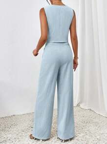 Chiquease Conjunto de Uniforme Casual, Colete na Cor Sólida e Calça Comprida - Azul bebê - Visão 2