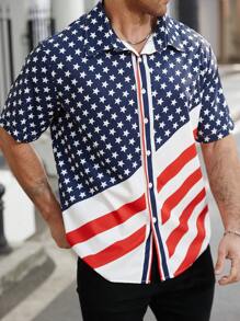 Manfinity LEGND Plus Size Men's Front Button Short Sleeve Solid Color Patchwork Casual Top - Multicolor - View 3