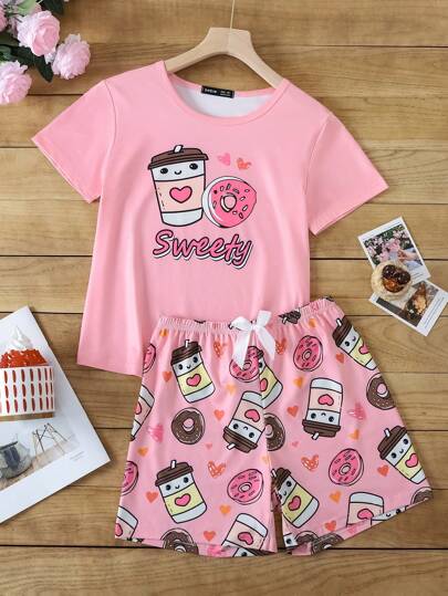Tween Girl 甜甜圈图案圆领睡衣套装