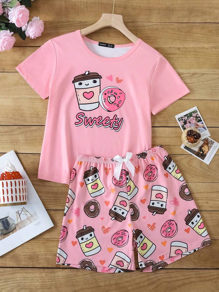 Tween Girl 甜甜圈图案圆领睡衣套装 - 彩色 - 查看 1