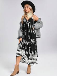 SHEIN LUNE Summer Vintage American Music Festival Tropical Vacation Beach Sleeveless Palm Leaf Print Dress - Black - View 4
