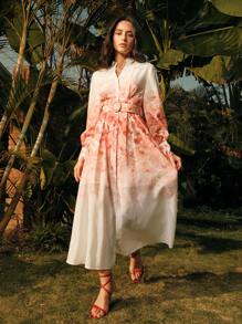 Anewsta Women's Floral Print Long Dress With Buttons Belt Elegant Spring Outfits