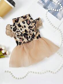 PETSIN 1 件天鹅绒豹纹和网眼薄纱宠物狗/猫连衣裙，通用款宠物服装