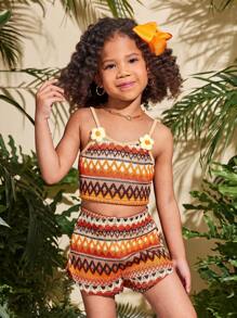 2pcs/Set Young Girl Knit Tank Top And Shorts Set - Multicolor - View 3