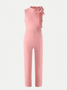 Girls High Waisted Sleeveless Simple Elegant Fashionable Half-High Collar Solid Color Jumpsuit With Detachable Bowknot Decor, Summer - Pink - View 4