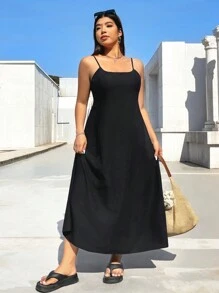 SHEIN EZwear Đầm dài chữ A dây mảnh màu đen cỡ lớn - màu đen - Xem 5