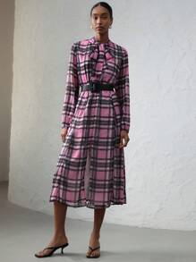 SHEIN Privé Vintage Elegant Chiffon Contrast Plaid Print PU Belt Women's Extra Long Shirt Dress - Multicolor - View 3
