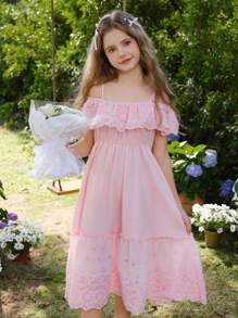 SHEIN Tween 女童荷叶边镂空刺绣长裙，优雅花卉度假派对风格连衣裙