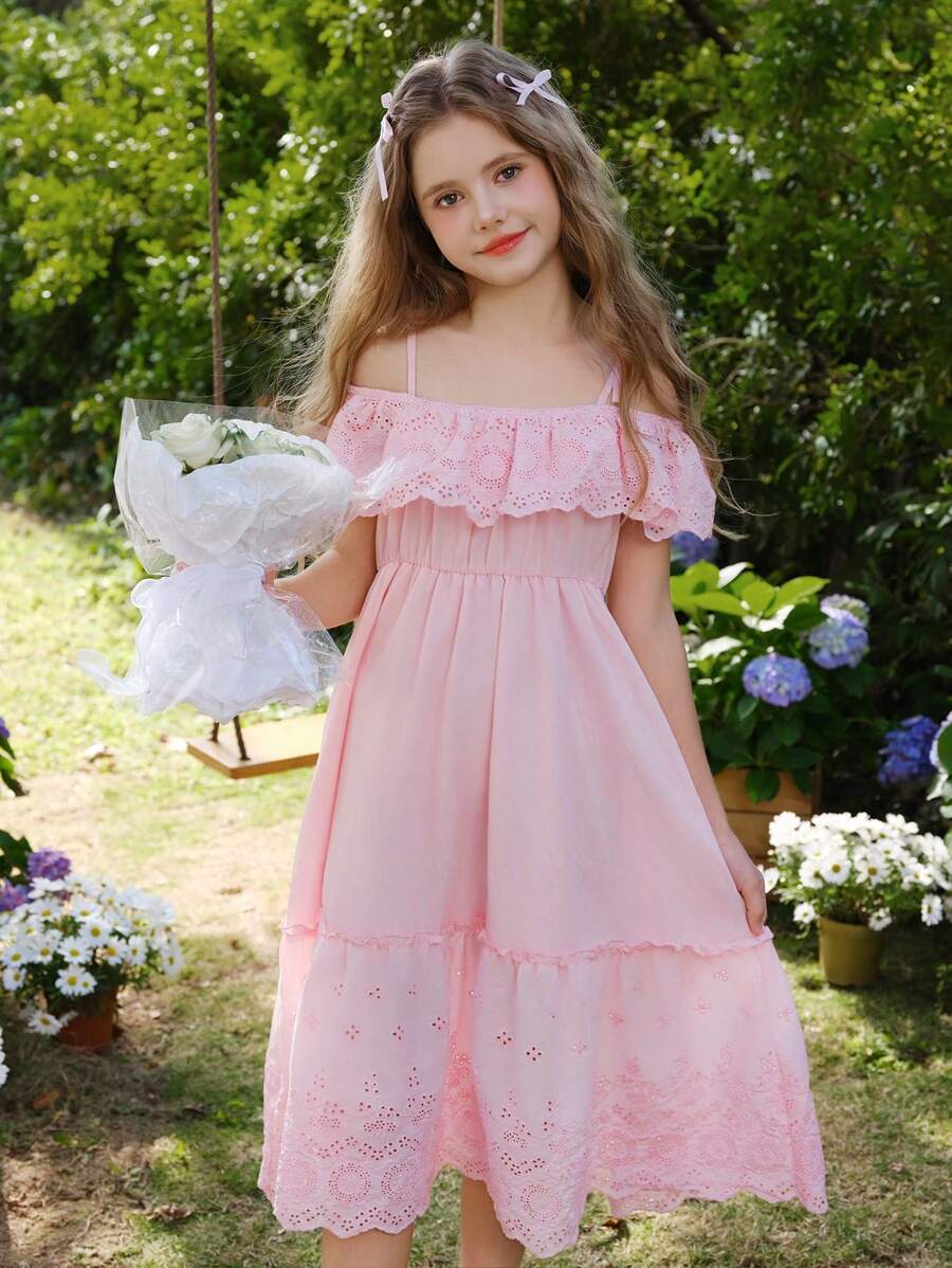 SHEIN Tween 女童荷叶边镂空刺绣长裙，优雅花卉度假派对风格连衣裙