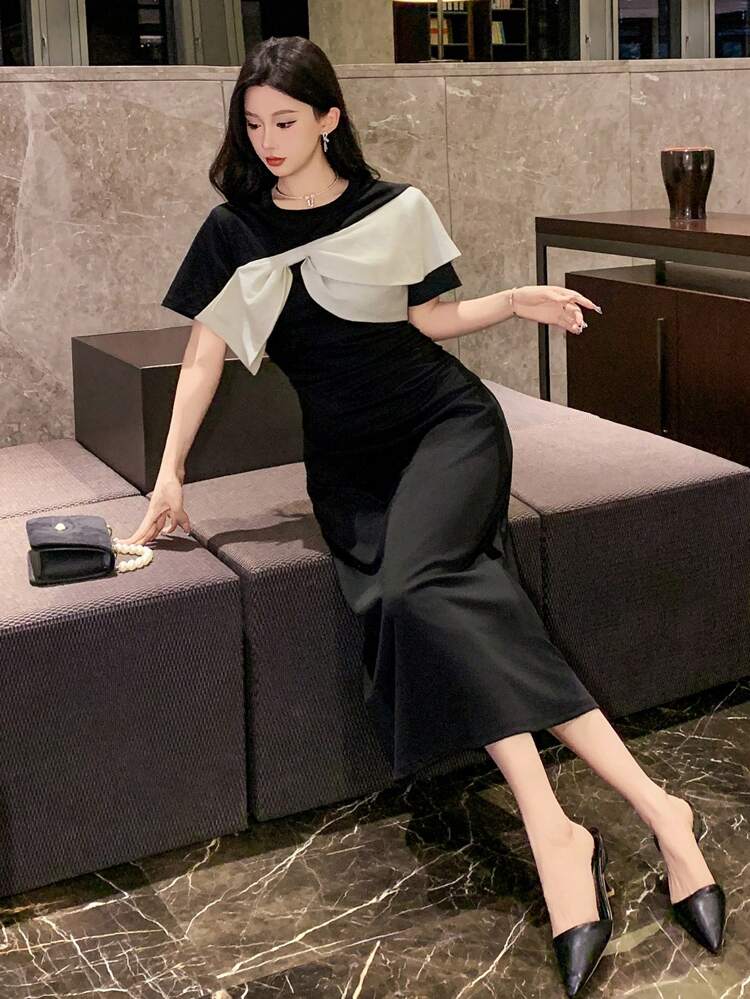 Women's Round Neck Contrast Color Short Sleeve Dress Prom Dress Elegant Women Dresses