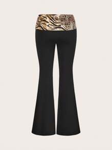 SHEIN EZwear 女士豹纹拼布露肩修身长袖 T 恤和喇叭裤 2 件套 - 彩色 - 查看 6