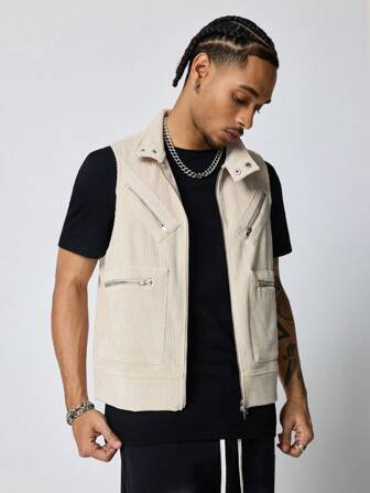 Street Life Chaleco casual con cierre de cremallera de unicolor para hombre