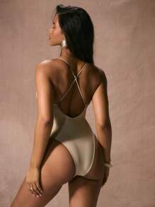 Musera Resort Plunge Neck One-Piece Swimsuit Beach VacationSummer, Holiday, Beachwear - Apricot - View 3