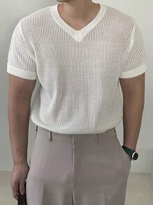 DAZY Men's V-Neck White Ribbed Knit Sweater, Summer - White - View 3