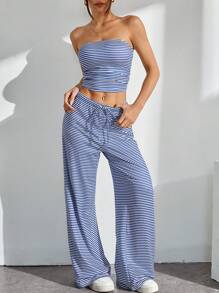 SHEIN PETITE Women Stripe Print Cropped Top And Pants 2 Pieces Set, Casual And Fitted - Blue and White - View 6