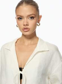 MISSGUIDED Linen Tie Front Blouse Long Sleeve Button Down Shirt Casual Lightweight Summer Spring Resort Wear Beach Cover Up Bohemian Style Office Wear - White - View 4