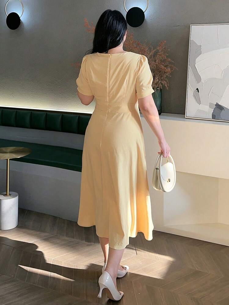 Dazy Petite Plus Solid Color Short Sleeve A-Line Long Dress, Apricot Color, Spring & Summer