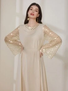 Al Najma 保守优雅亮片绣花袖女士阿拉伯连衣裙，女式超长连衣裙 - 卡其色 - 查看 4