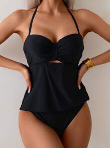 Swim Lushoire Detachable 1/2 Cup Spaghetti Strap Halter Top And Bottom Tankini Set, For Summer Beach Vacation