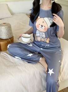 SHEIN Teen Girls Cute Bear & Moon Graphic Round Neck Short Sleeve Pajama Top And Pants 2 Pieces Lounge Set - Blue and White - View 4