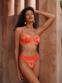 SHEIN Swim 2pcs/Set Women Summer Beach Floral Random Pattern Gathered Padded Bikini Set, Festival Boho Style - Orange - View 3