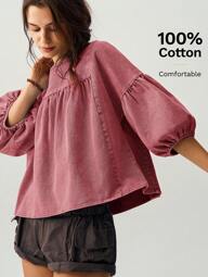 Bohemela Dames losse vakantieblouse met pofmouwen, groen