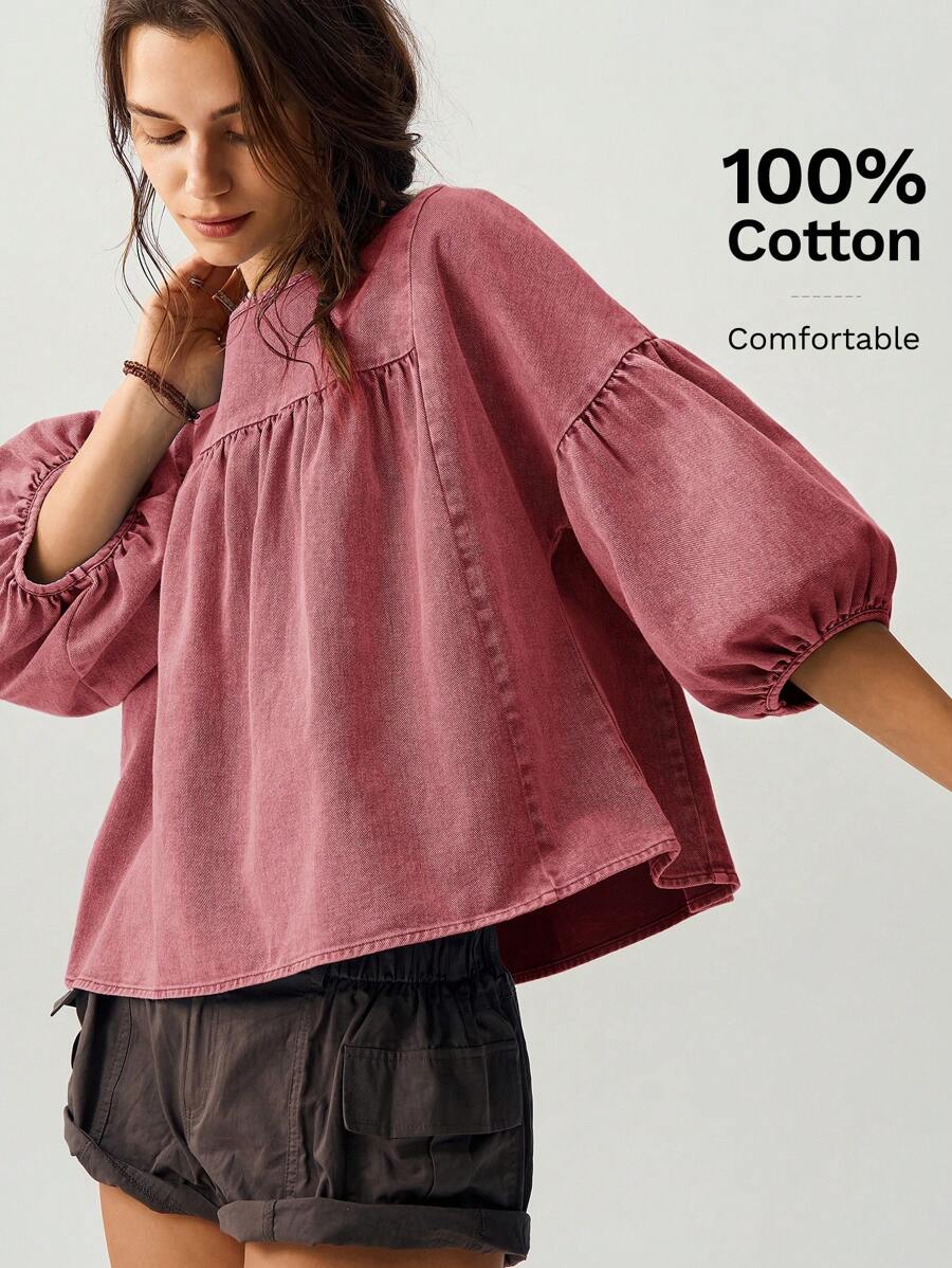 Bohemela 女士宽松度假泡泡袖衬衫，绿色 - 紅色 - 查看 1