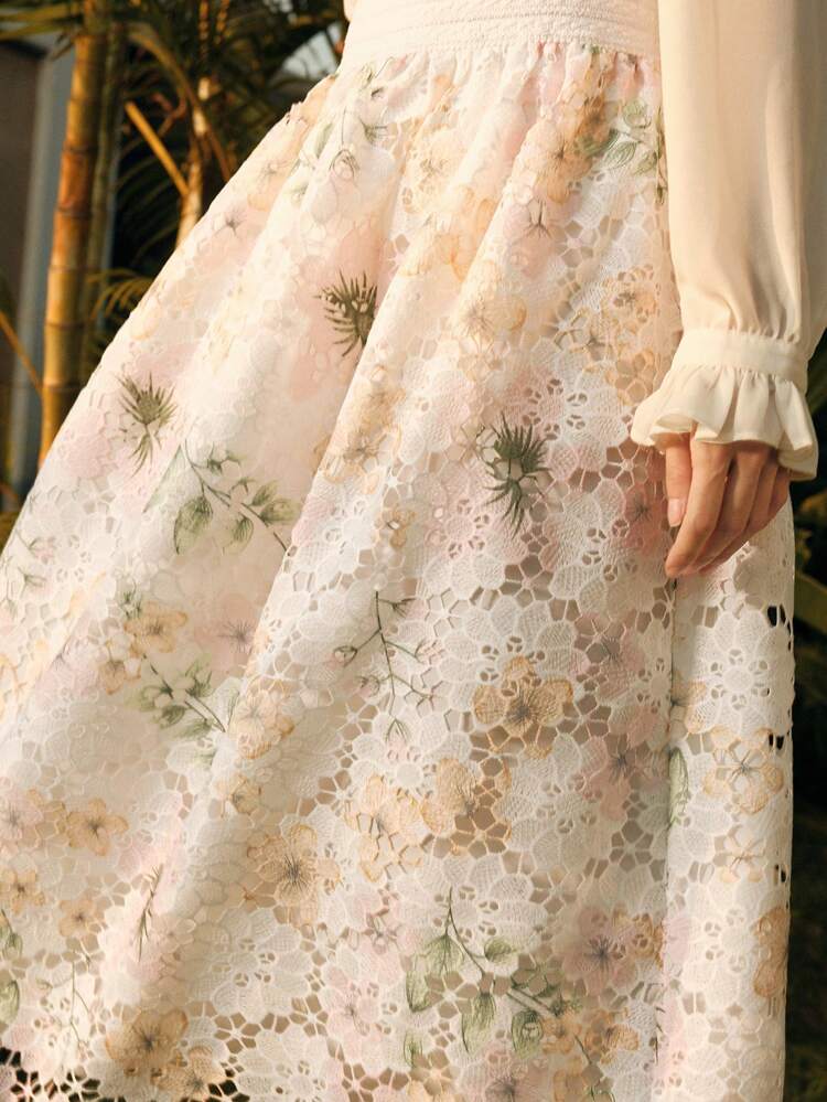 Floral Colorful Embroidered High Waist Knee-Length A-Line Skirt, Elegant & Spring For Women Skirt