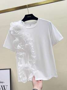 SHEIN Leap Crew Teen Girls' Spring & Summer White Knit Patchwork Loose Elegant Floral Decor Casual T-Shirt, Suitable For Resort Wear - White - View 4