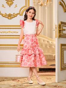 SHEIN Tween Girls Elegant Summer Party 2 Pieces Set,White And Pink Textured Floral Sleeve Crop Top & Rose Jacquard Satin A-Line Skirt Luxurious Outings - Multicolor - View 6