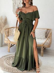 SHEIN Clasi Plus Size Women Elegant Off Shoulder Ruffled Cinched Waist A-Line Long Dress, Spring/Summer - Army Green - View 1
