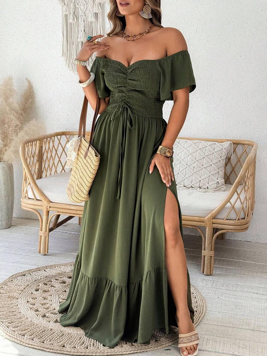 SHEIN Clasi Plus Size Women Elegant Off Shoulder Ruffled Cinched Waist A-Line Long Dress, Spring/Summer - Army Green - View 1