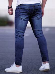 Manfinity Homme Men Bleach Wash Cat Scratch Skinny Jeans - Dark Wash - View 2