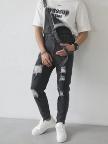 Manfinity Homme Men's Wide Strap Distressed Simple Design Casual Jeans, Everyday Wear - Grey - View 3