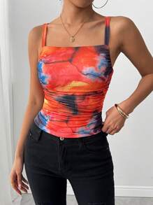 Chiquease Abstract Tie Dye Print Pleated Body-Hugging Camisole' - Orange - View 6