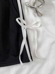 SHEIN Quần short dáng rộng phối đen trắng tương phản dành cho nữ tuổi teen, kiểu dáng đường phố đa năng, thích hợp mặc hàng ngày, mùa xuân/hè, mùa tựu trường, mùa hè. - Đen và trắng - Xem 3