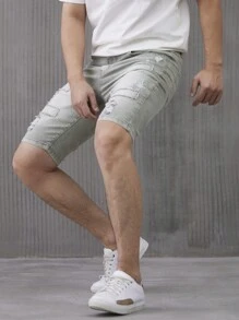 Manfinity Homme Men's Casual Plain Ripped Pocket Denim Shorts - Grey - View 3