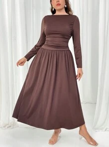 Firerie Plus Size Women's Elegant Vacation Beach Casual Stretchy Fitted Long Sleeve Dress, Suitable For Date, Party, High-End Restaurant, Versatile Spring