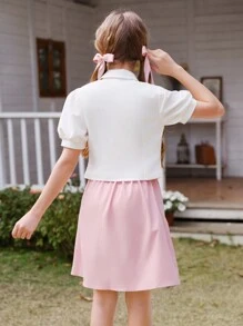 SHEIN 少女白色腰部短上衣，3D 黑色蝴蝶结点缀，短泡泡袖，优雅校园风格 - 白色 - 查看 2