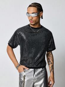 ROMWE MEN Street Life Men's Avant Round Neck Short Sleeve Casual Slim Fit Cropped T-Shirt - Black - View 5