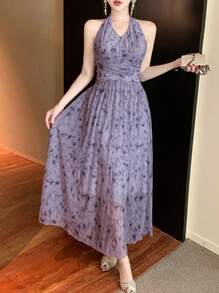 DAZY Damen Batik-Muster plissiertes Neckholder Midi-Kleid für den Sommer, Kleid für Hochzeit mit Blumenmuster - Verschiedenfarbig - Übersicht 5