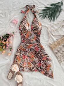 Soleia 动物印花 & 花卉 V 领紧身连衣裙 - 卡其色 - 查看 1