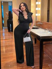 Flirla 大码性感深 V 领褶皱连体裤