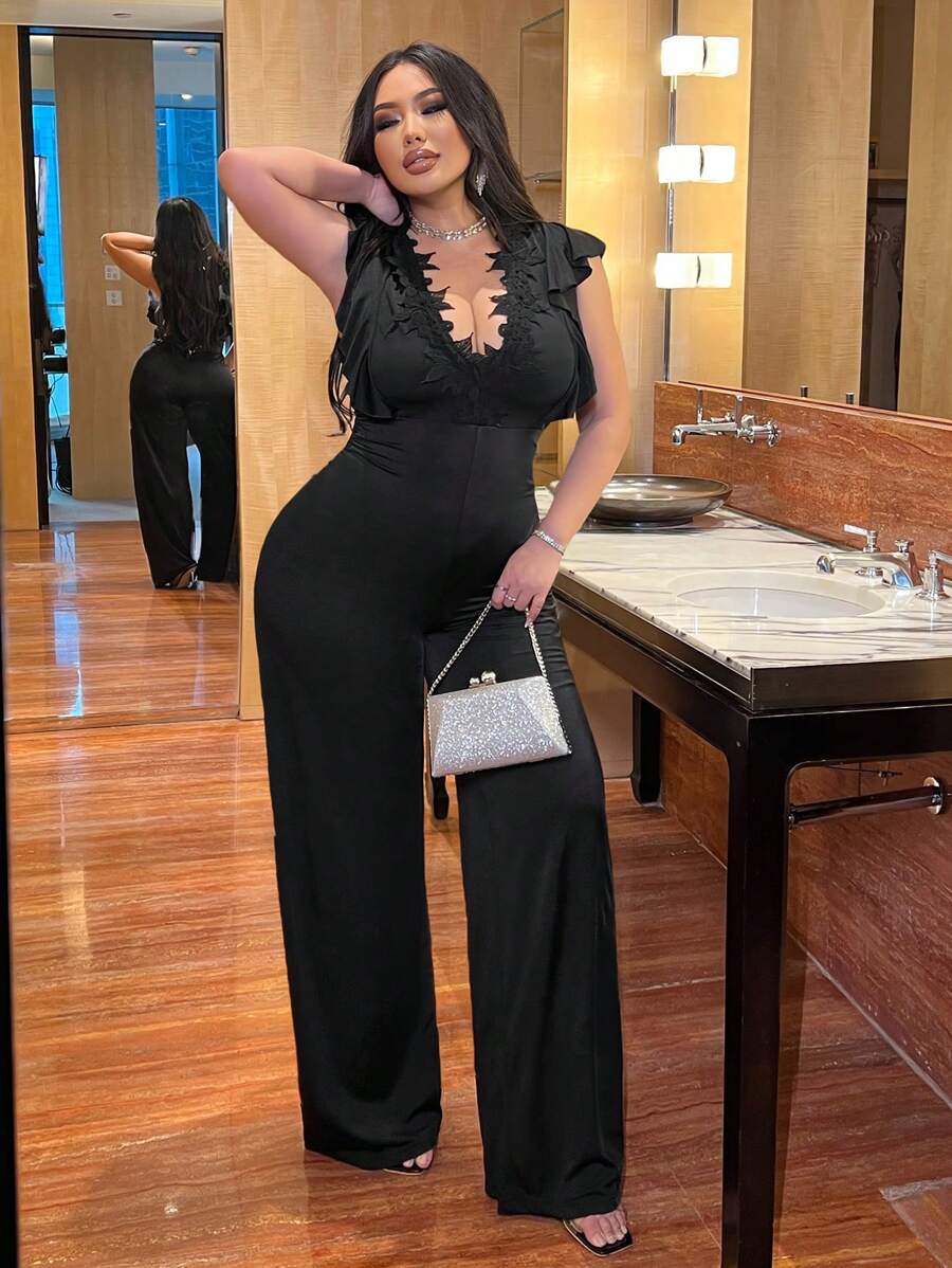 Flirla 大码性感深 V 领褶皱连体裤